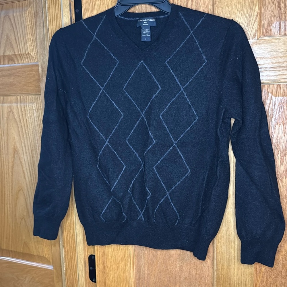 Banana Republic 100% Merino Wool V-Neck Navy Mens Argyle Sweater Size Large